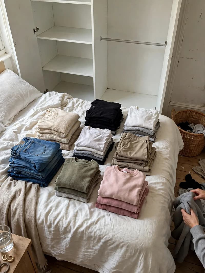 An emptied white wardrobe with bare shelves and rail, neat piles of folded clothes sorted on the bed below it