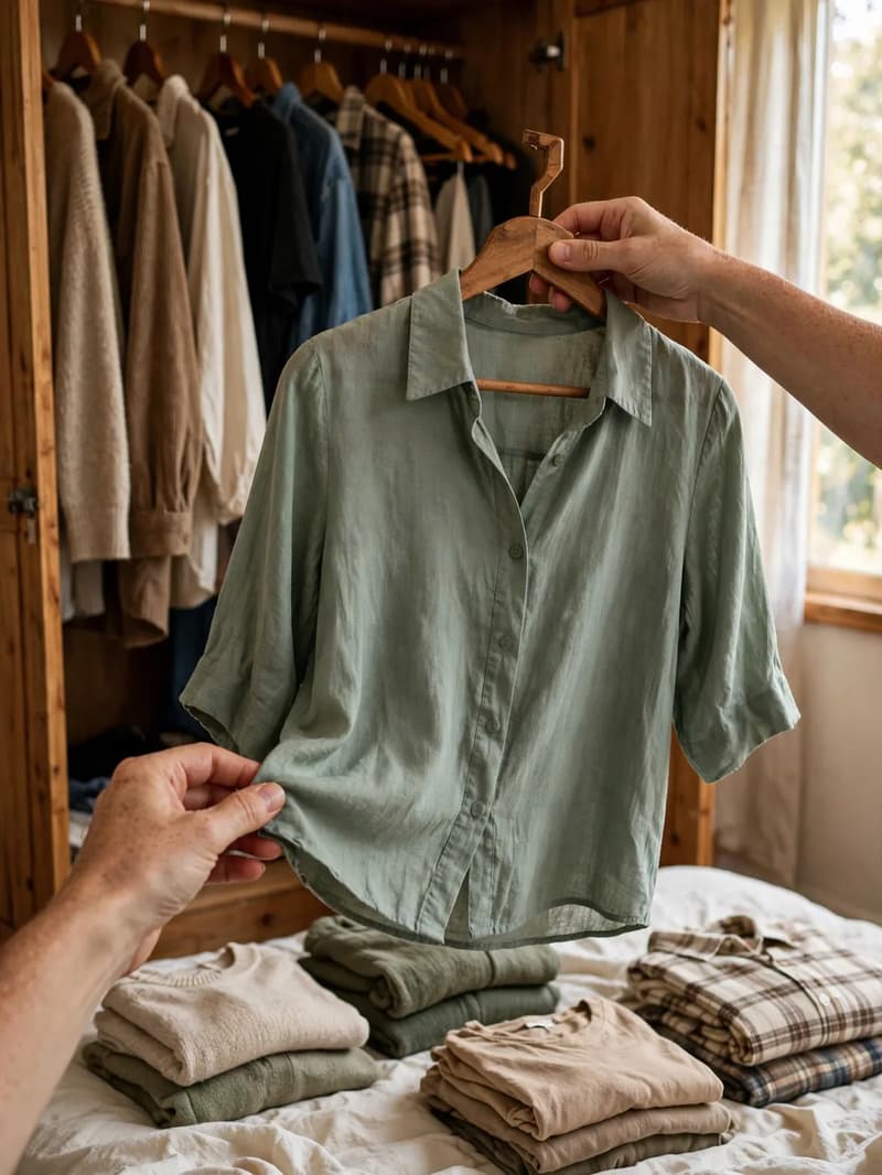 Hands holding up a sage green blouse on a wooden hanger in front of an open wardrobe, folded clothes in piles on the bed below