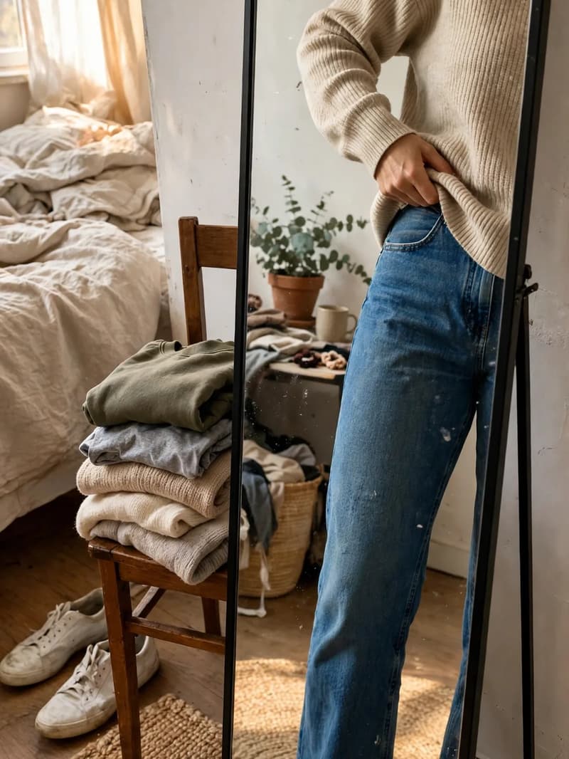 A person in a cream sweater and blue jeans checking the fit in a tall bedroom mirror, folded clothes stacked on a chair beside it
