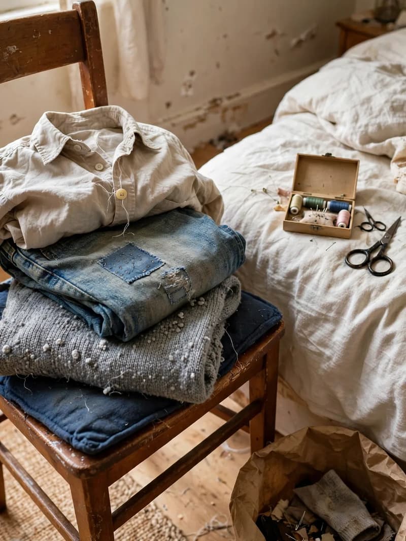 A small repair pile of worn jeans and a shirt on a wooden chair beside a bed, with an open sewing kit and scissors nearby