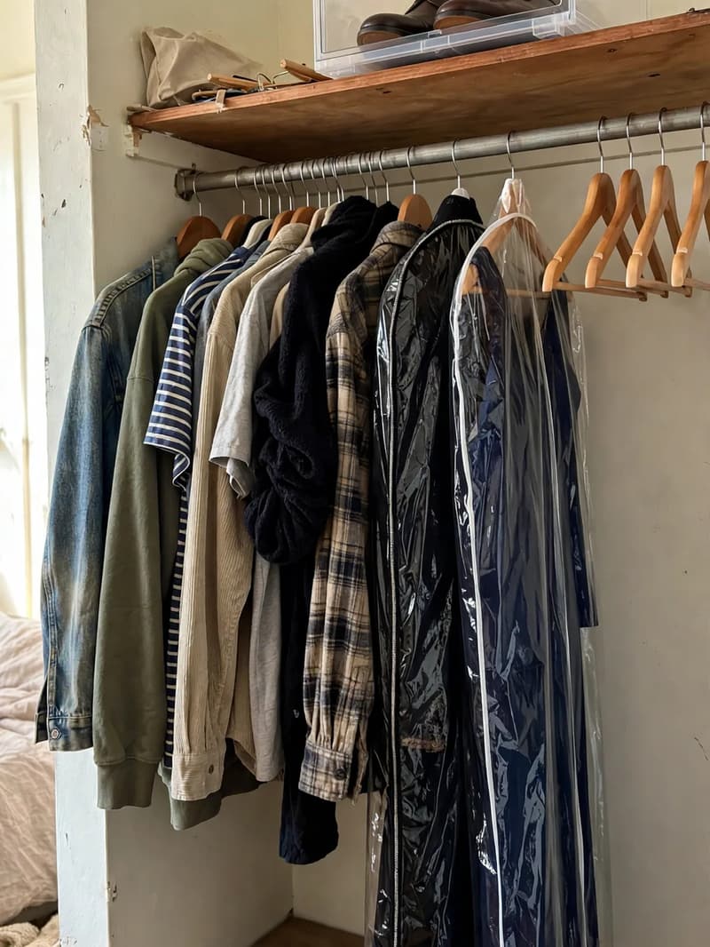 Dressy clothes protected in clear garment bags hanging at the end of a closet rail, everyday shirts beside them and shoes stored above