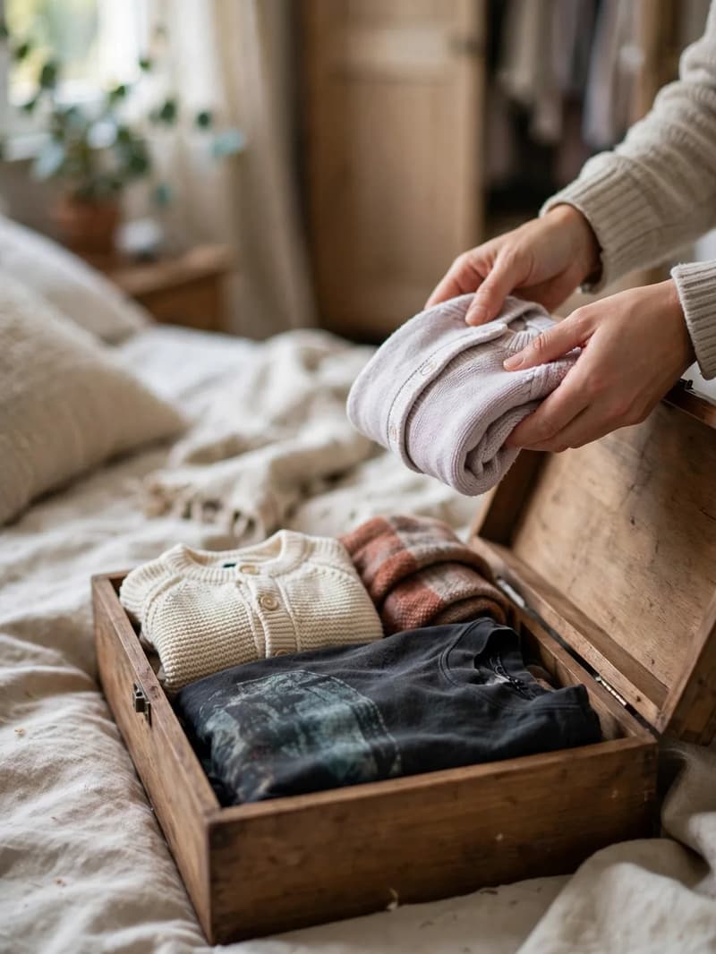 Hands placing a folded keepsake cardigan into a small wooden keepsake box of treasured clothes on a bed by a bright window