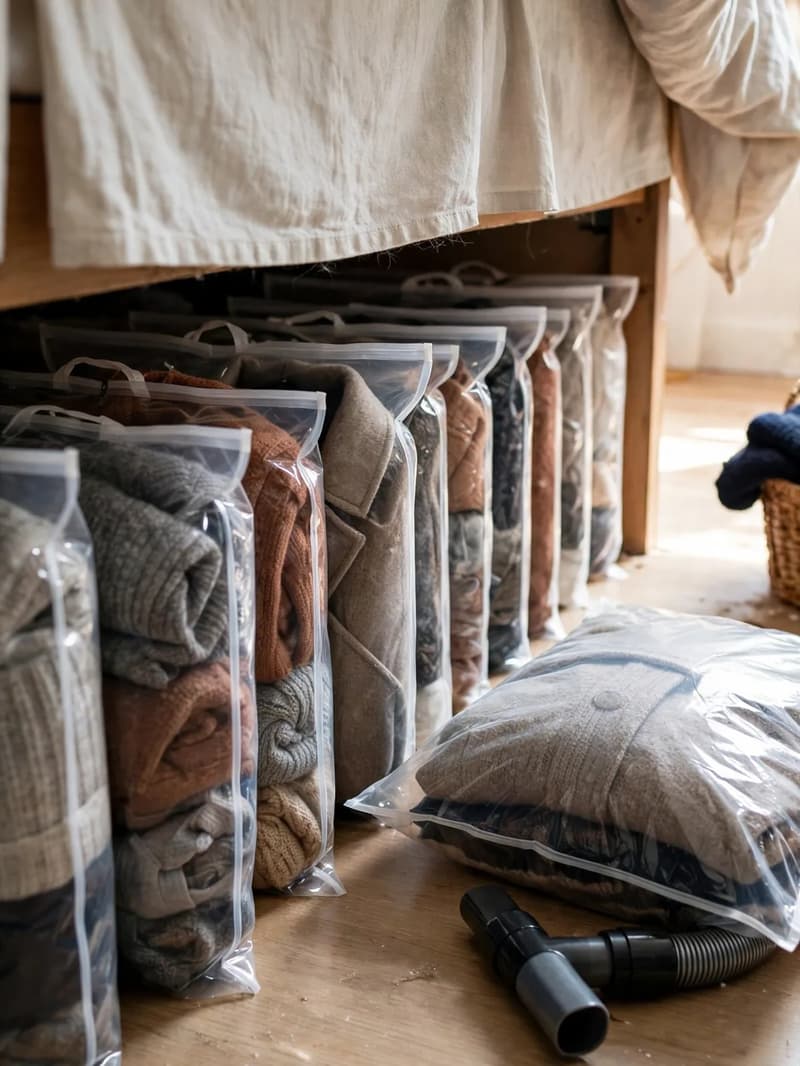Out-of-season knitwear packed flat in clear vacuum storage bags sliding under a bed, a vacuum hose nozzle beside them