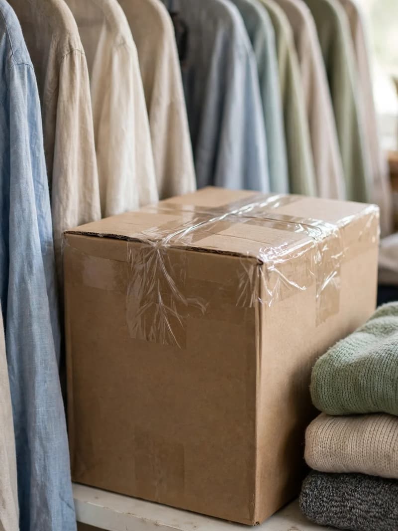 A plain cardboard box taped shut with clear tape on a closet shelf between hanging shirts and folded sweaters, no label or writing