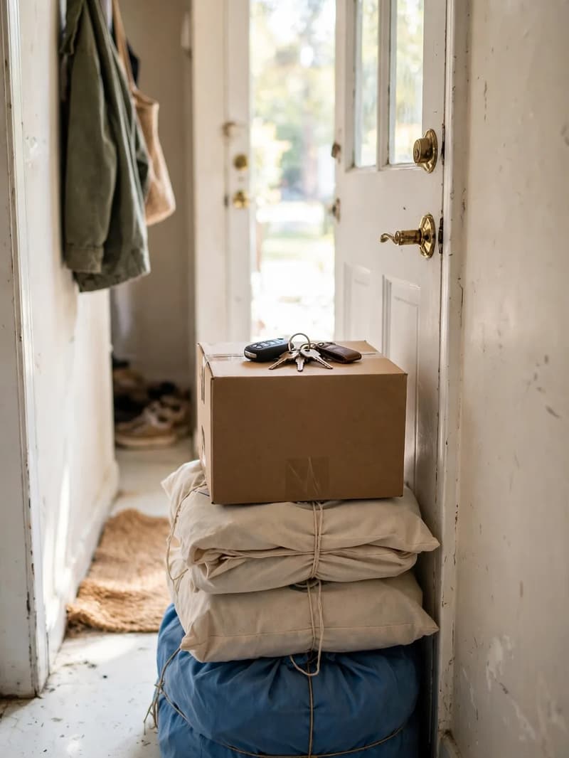 Tied donation bags and a box of clothes stacked ready by a bright front door with car keys on top, hallway clear behind