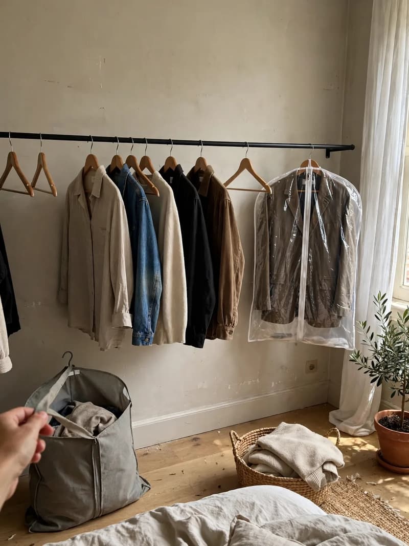 A calm, spaced-out clothing rail with room between hangers in a bright bedroom, a basket of folded clothes below it